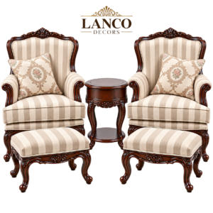 MEHFIL-E-SHAAN – Royal Victorian Accent Chair Set with Footstools & Side Table
