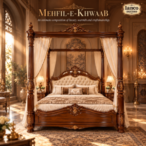 MEHFIL-E-KHWAAB – Royal Four Poster Canopy Bed with Luxury Upholstered Headboard
