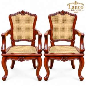 MEERAS-E-SHAAN – Royal Victorian Hand-Carved Wooden Cane Armchairs (Set of 2)