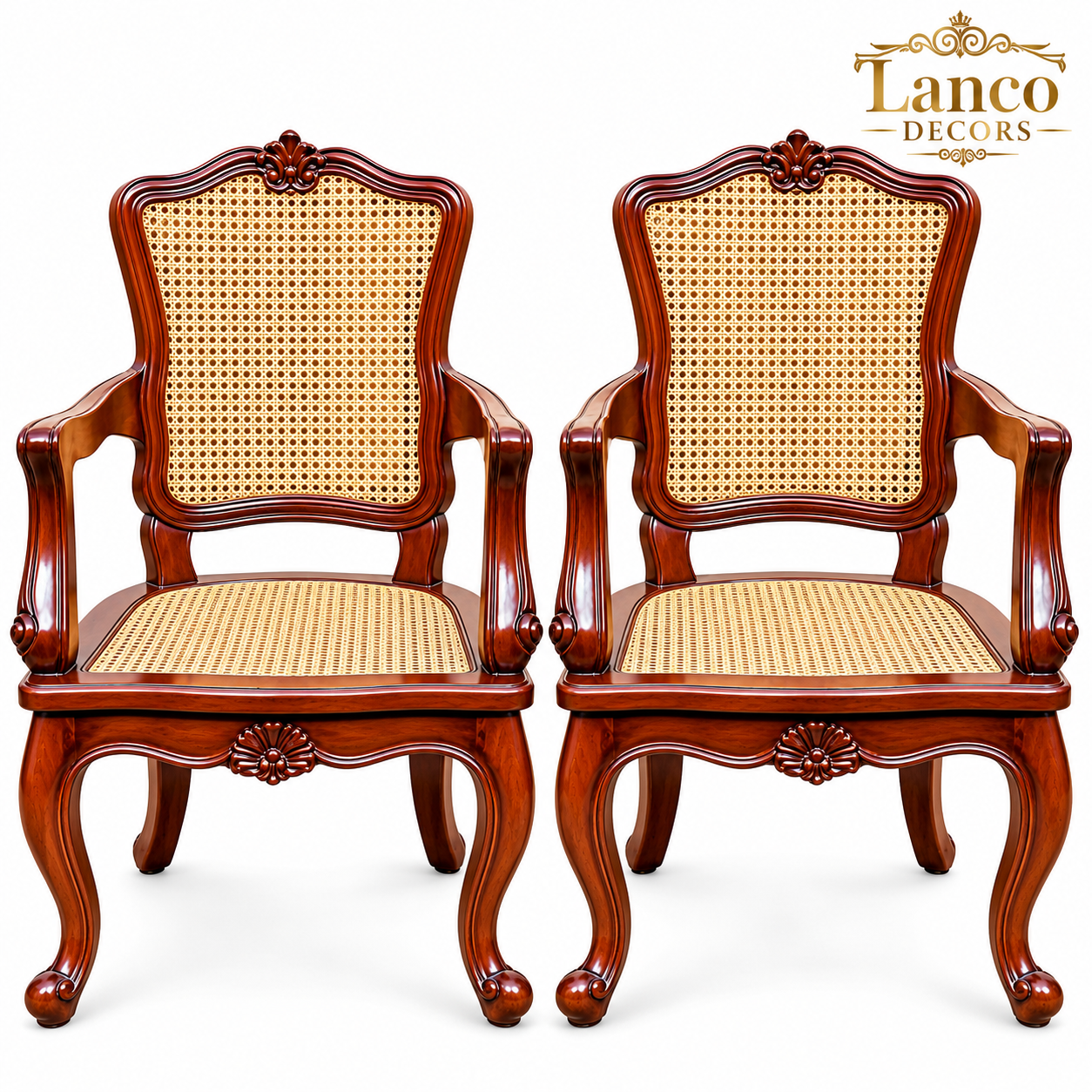 MEERAS-E-SHAAN – Royal Victorian Hand-Carved Wooden Cane Armchairs (Set of 2)