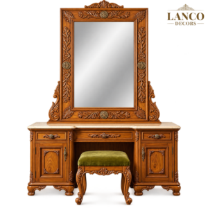 MEERAS-E-NAQSH – Royal Hand-Carved Wooden Dressing Table with Mirror & Stool