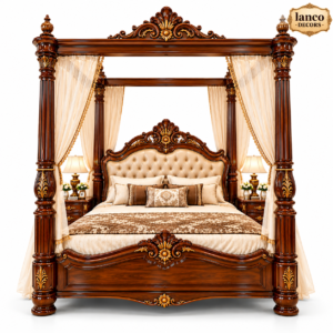 MEHFIL-E-KHWAAB – Royal Hand-Carved Four-Poster Canopy Bed with Luxury Tufted Headboard