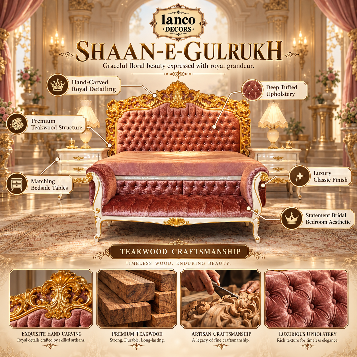 SHAAN-E-GULRUKH – Royal French Rococo Luxury Bed with Carved Headboard & Upholstered Footboard Bench - Image 2