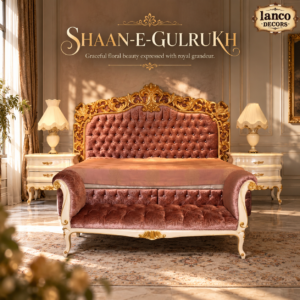 SHAAN-E-GULRUKH – Royal French Rococo Luxury Bed with Carved Headboard & Upholstered Footboard Bench