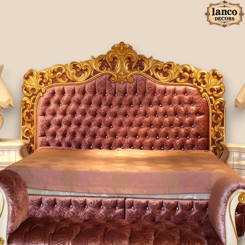 SHAAN-E-GULRUKH – Royal French Rococo Luxury Bed with Carved Headboard & Upholstered Footboard Bench - Image 4
